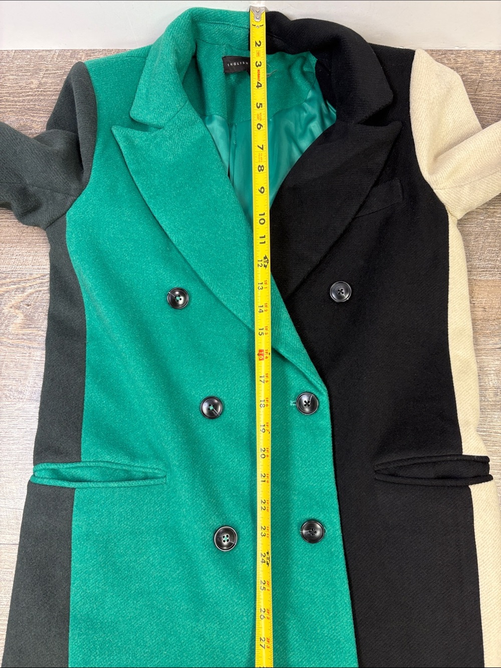 English Factory Colorblock Wool Blend Long Coat Green Black Cream S - Picture 14 of 15